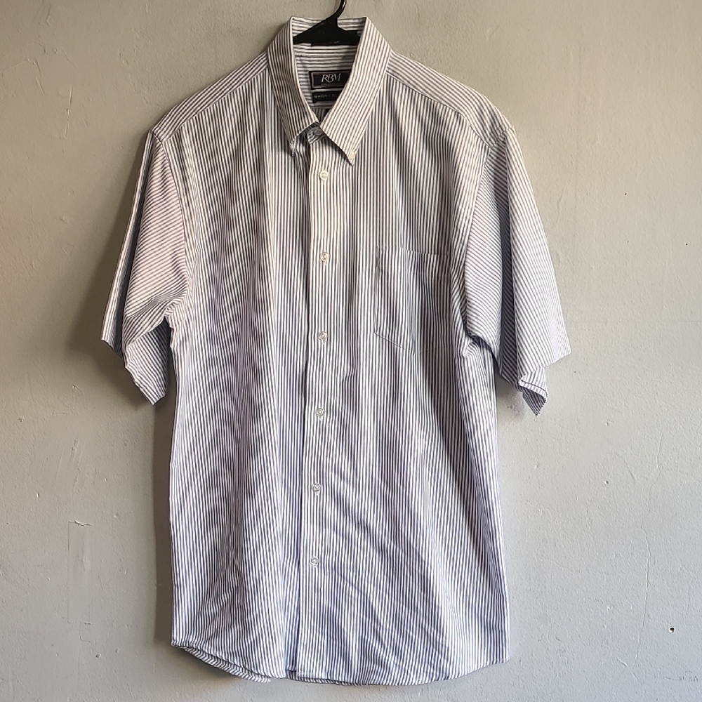 Men's vintage medium short sleeve oxford blue pin striped shirt button down 16"